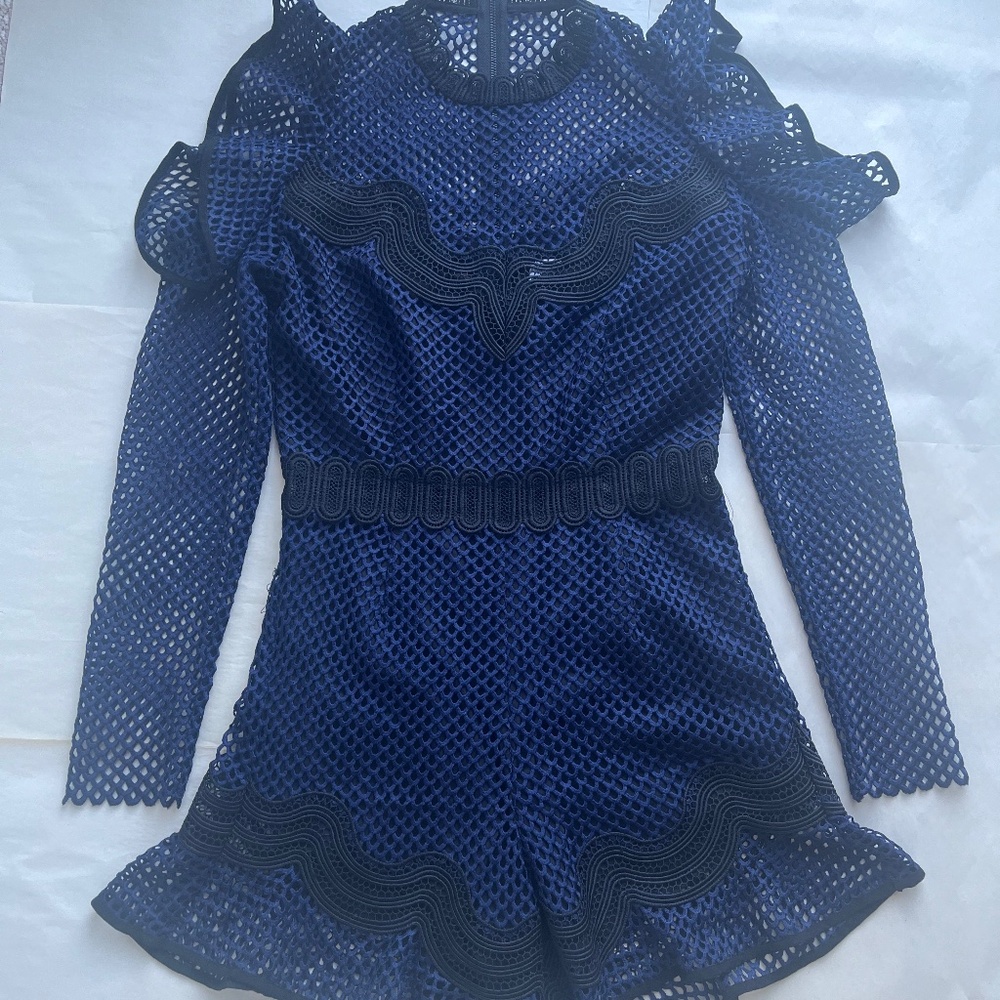 Saylor Lace Pattern Mock Neck SELF-PORTRAIT STYLE Navy Cocktail Cold Shol Romper